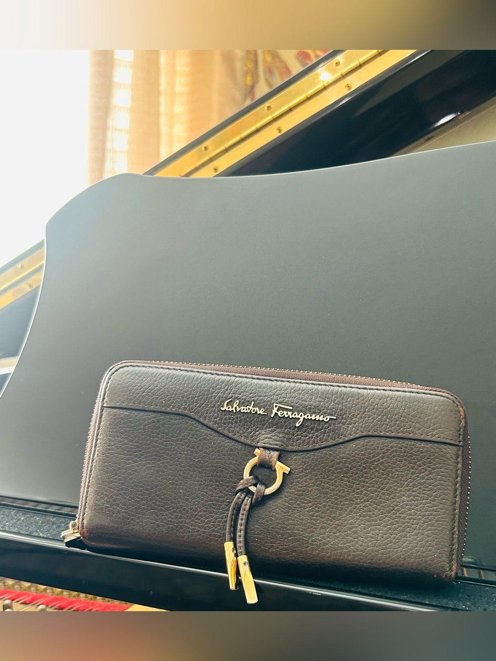Salvatore Ferragamo Dark Brown Leather Zip Wallet with Gold Hardware